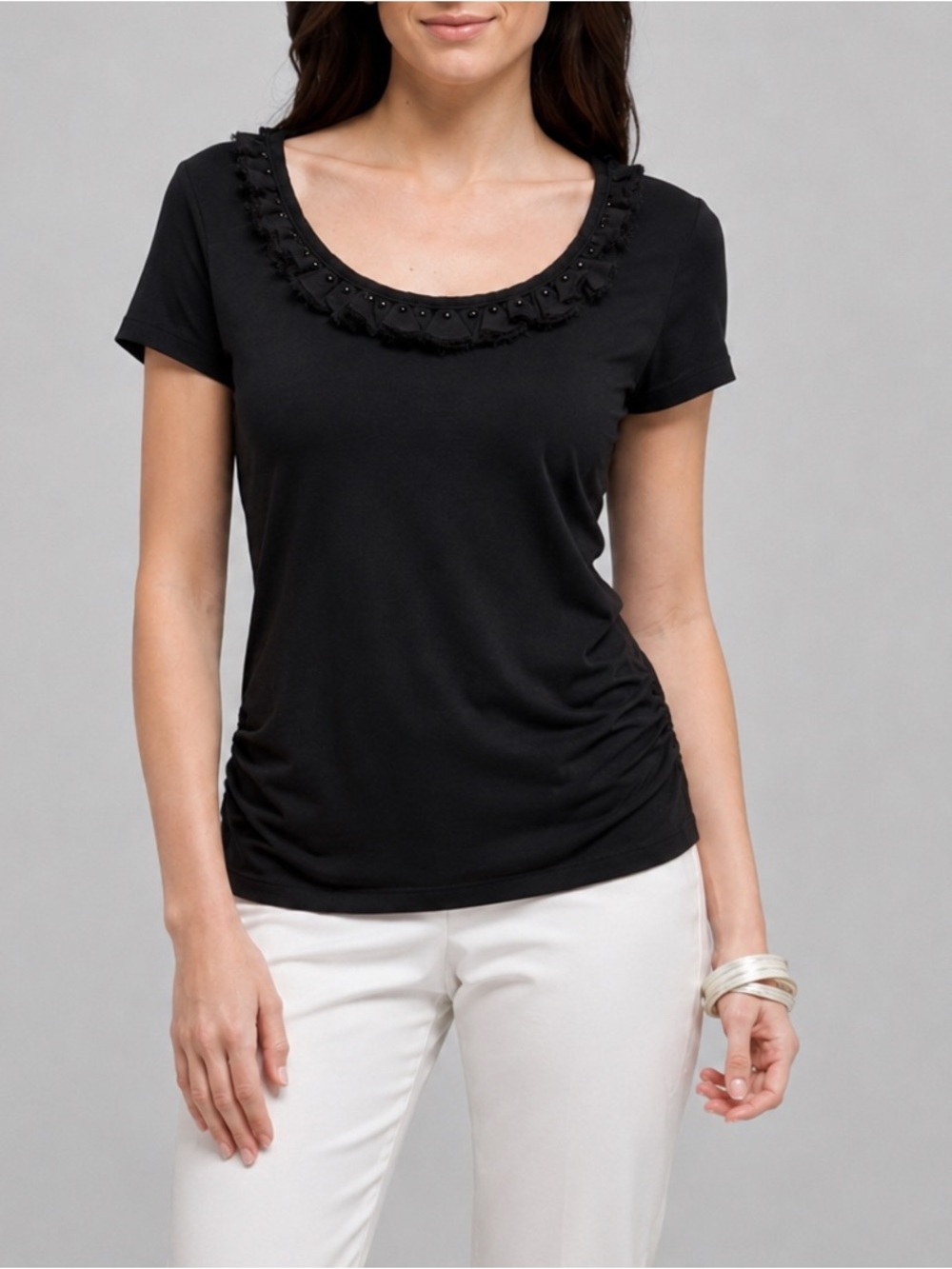White House Black Market Black Ruffle Beaded Neck Ruched Side Top